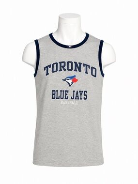 Official MLB Toronto Blue Jays Tank Top Grey Navy Blue Ringer Muscle Shirt Small